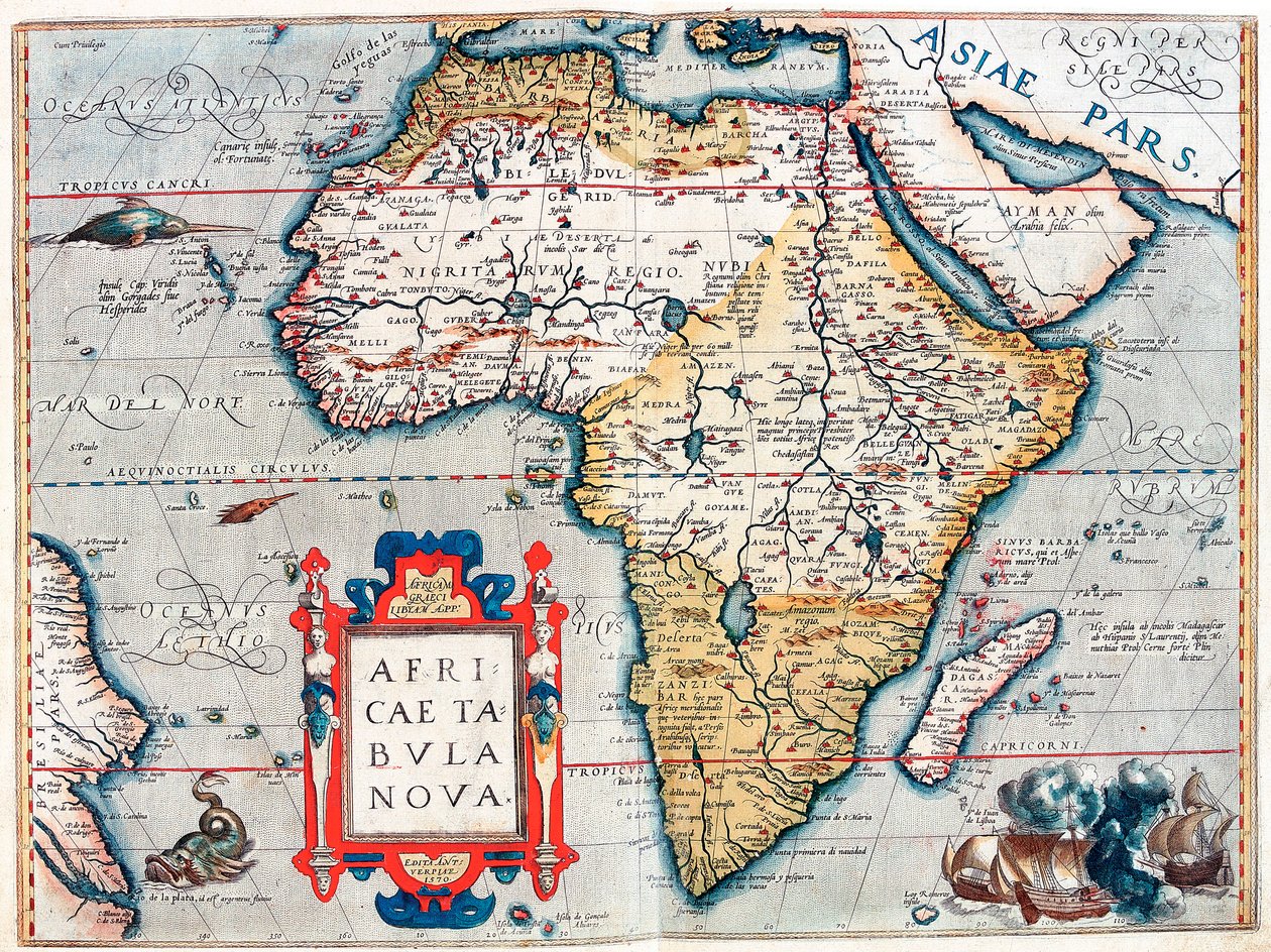 Descrição do continente africano. Mapa geográfico do "Theatrum Orbis Terrarum" de Abraham Ortelius (1527-1598) de Abraham Ortelius