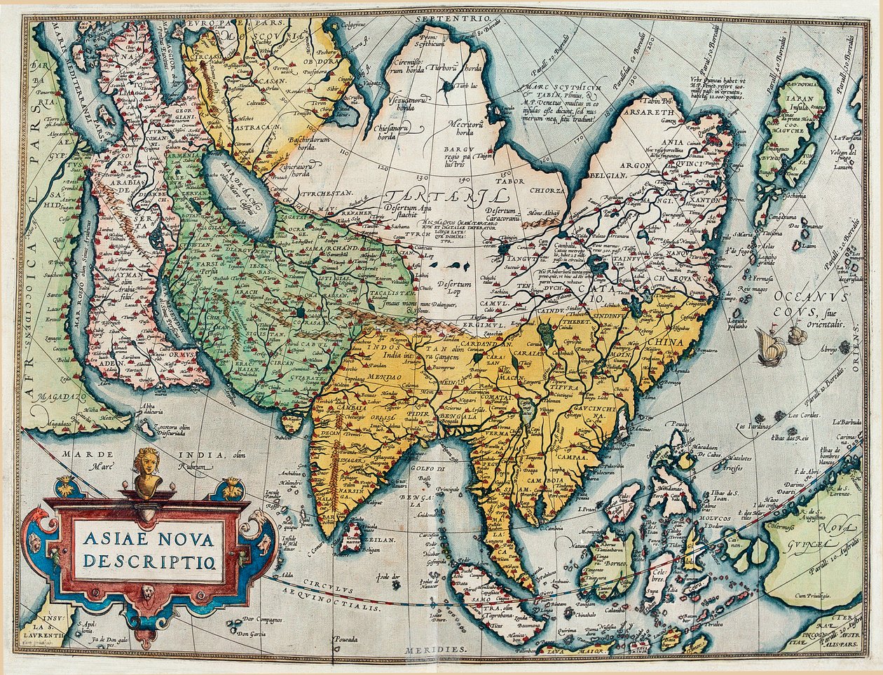 Descrição do continente asiático, Mapa Geográfico do "Theatrum Orbis Terrarum". de Abraham Ortelius
