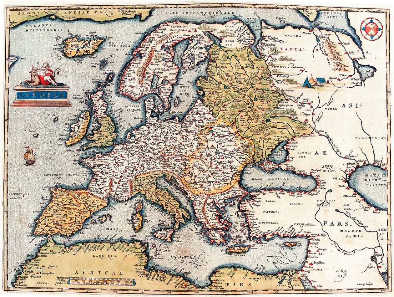 Descrição do continente europeu. Mapa geográfico do “Theatrum Orbis Terrarum” de Abraham Ortelius de Abraham Ortelius