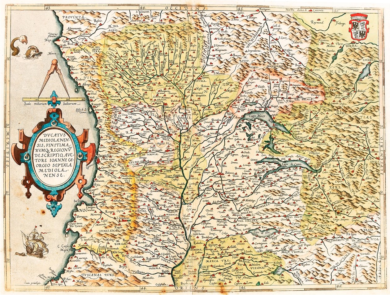 Ducatus Mediolanensis, Finitimarumq Regionu Descriptio Auctore Iooanne Georgio Septala Mediolanense Mapa Geográfico do Duque de Milão do "Theatrum Orbis Terrarum" de Abraham Ortelius (Oertel, Ortell ou Ortel) de Abraham Ortelius