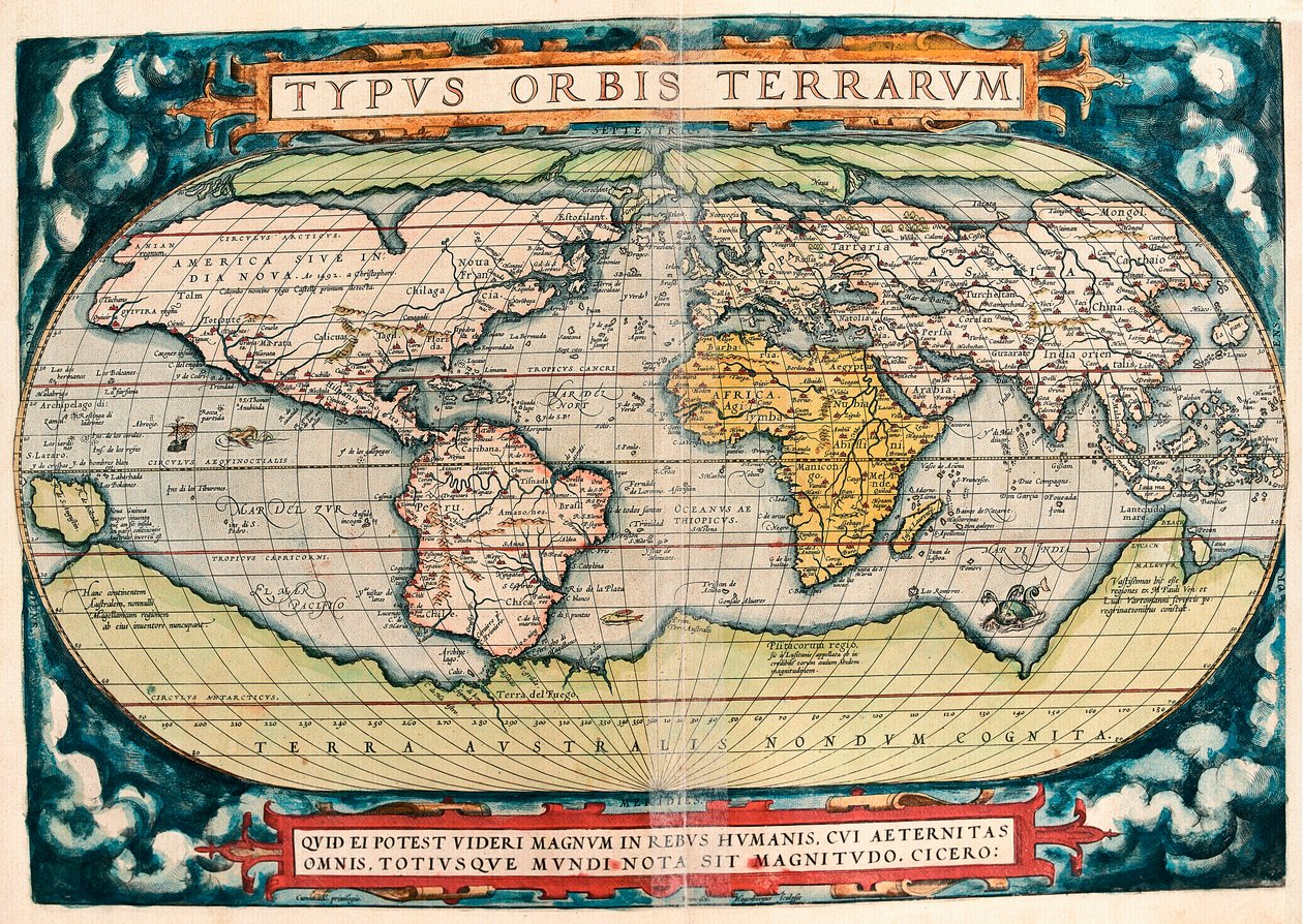 Mapa da Terra (Mapa Mundial) Mapa Geográfico de "Theatrum Orbis Terrarum" de Abraham Ortelius (1527-1598) de Abraham Ortelius