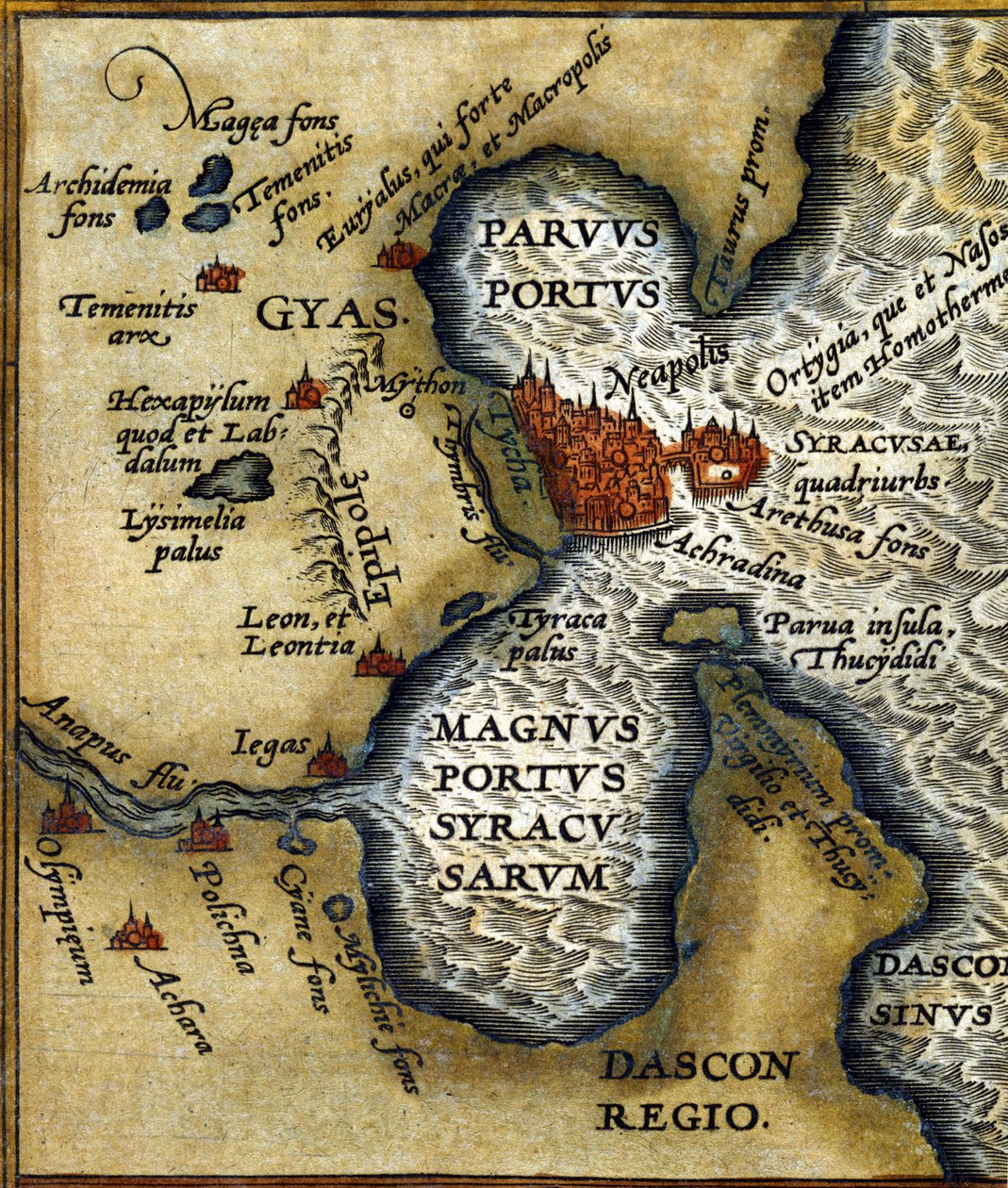 Antigo porto de Siracusa (Sicília) - em "Atlas" de Abrahm Ortelius de Abraham Ortelius