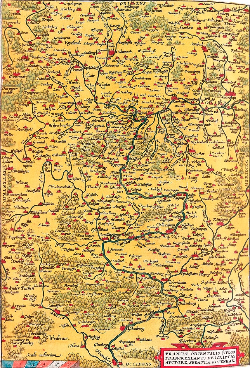 Franciae Orientalis (Vulgo/Franckenlant) Descriptio, Auctore, Sebast. A. Rotenhan Mapa Geográfico do território de Franconia na Alemanha com a cidade de Frankfurt (também a cidade de Karlstadt...) retirado do "Theatrum Orbis Terrarum" de Abraham Ortelius ( de Abraham Ortelius