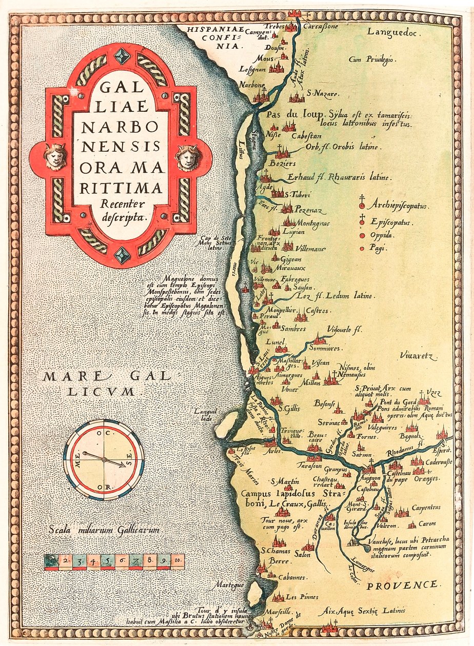 Galliae Narbonensis ora Marittima Recenter descripta Mapa geográfico do território de Narbonne desde a cidade de Narbonne até Marselha via Beziers, Montpellier, Arles... retirado do "Theatrum Orbis Terrarum" de Abraham Ortelius (Oertel, Ortell ou Or de Abraham Ortelius