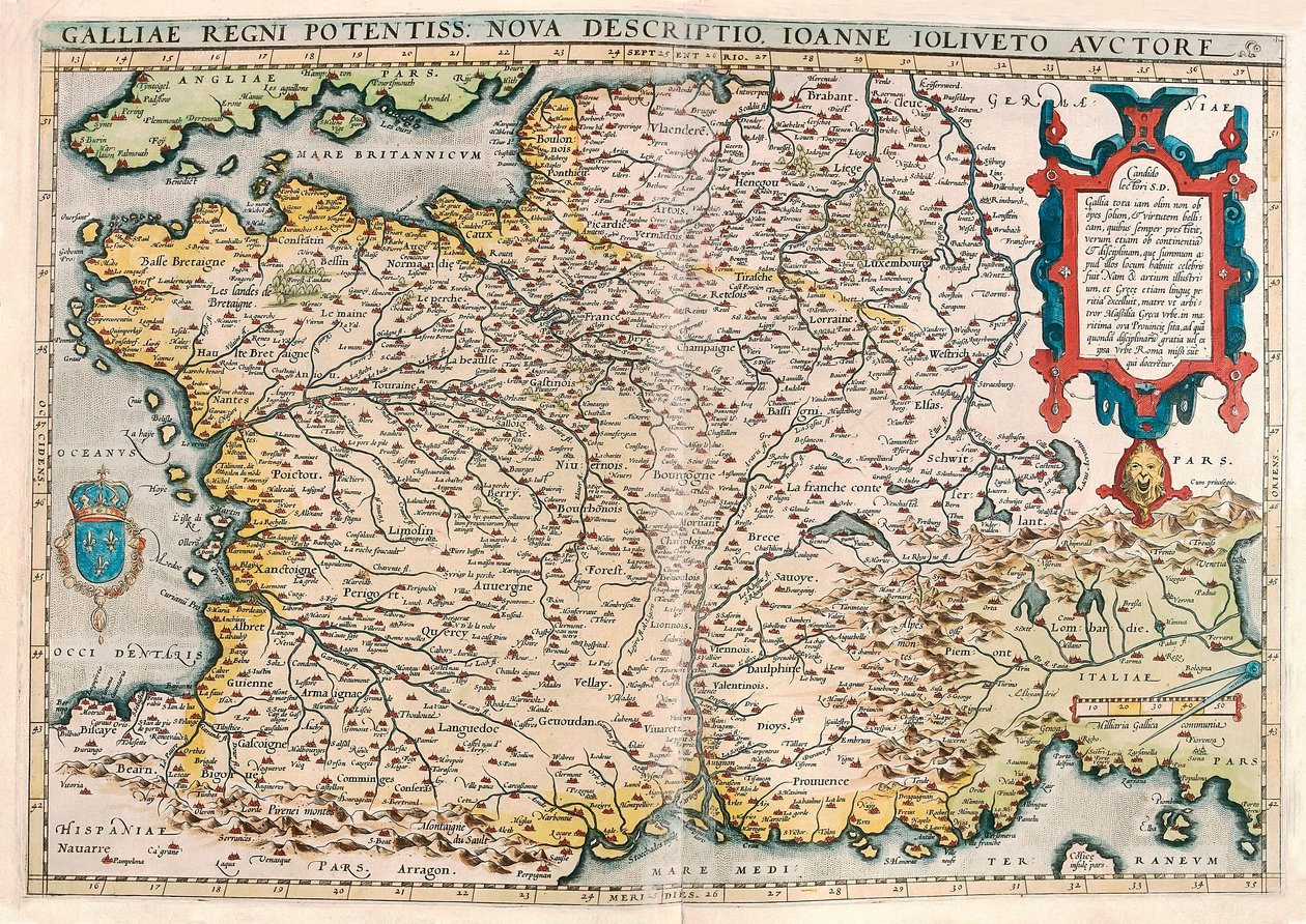 Galliae regni potentiss. nova descriptio. Ioanne Ioliveto auctore Mapa geográfico do território da Gália (França) do "Theatrum Orbis Terrarum" de Abraham Ortelius (Oertel, Ortell ou Ortel) de Abraham Ortelius