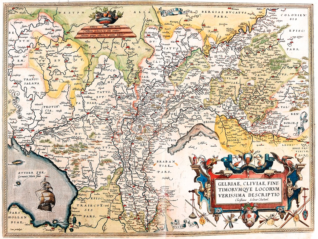 Gelriae, Cliviae, Finitimorum Qe Locorum Verissima Descriptio Christiano Schrot. Auctore. Mapa geográfico do território da Holanda alemã de "Theatrum Orbis Terrarum" de Abraham Ortelius (Oertel, Ortell ou Ortel de Abraham Ortelius