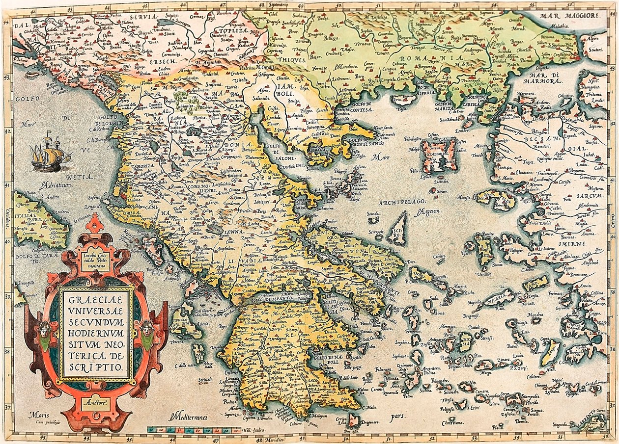 Graeciae Universae Secundum Hodiernum Neoterica Descriptio Mapa geográfico do território da Grécia com o Peloponeso e as ilhas retiradas do "Theatrum Orbis Terrarum" por Abraham Ortelius (Oertel, Ortell ou Ortel de Abraham Ortelius