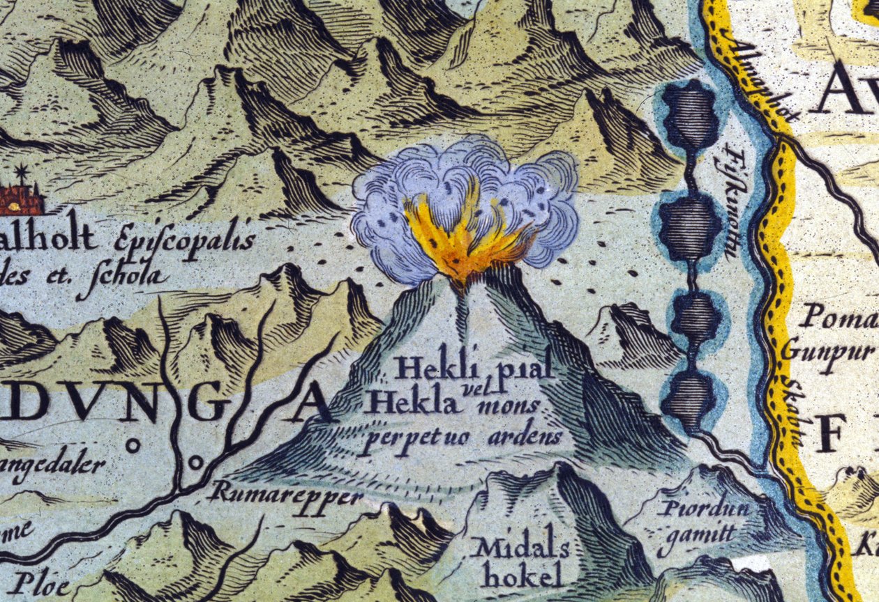 O vulcão Hekla na Islândia. Atlas de Abraham Ortelius, Amsterdão 1588. de Abraham Ortelius