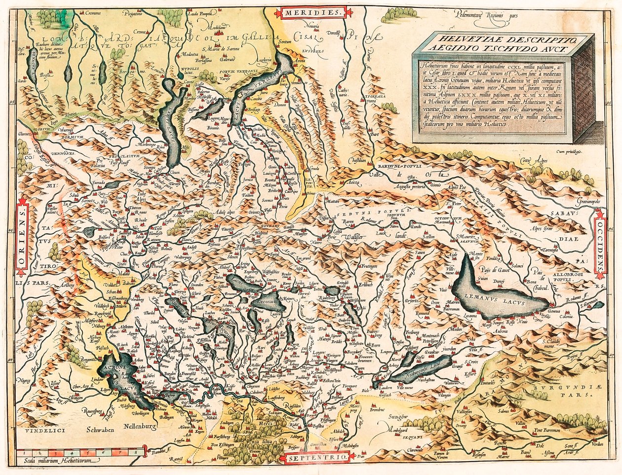 Helvetiae Descriptio Aegidio Tschudo Auct. Mapa geográfico dos Alpes suíço e francês incluindo lagos do "Theatrum Orbis Terrarum" de Abraham Ortelius (Oertel, Ortell ou Ortel) de Abraham Ortelius