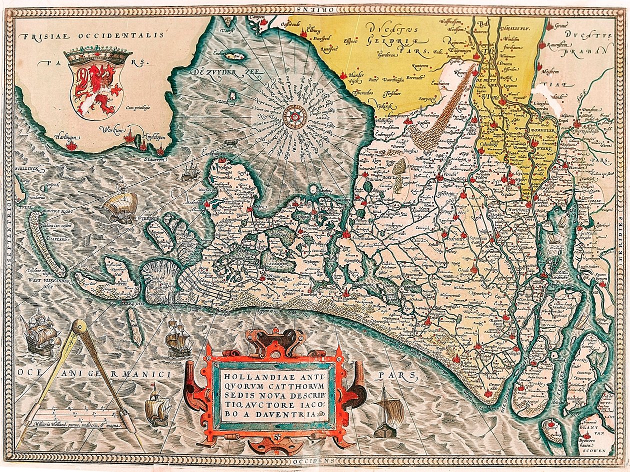 Hollandiae antiquorum catthorum sedis nova descriptio, auctore lacobo a daventria Mapa geográfico do território da Holanda com as cidades de Amesterdão e Haarlem... retirado do "Theatrum Orbis Terrarum" de Abraham Ortelius (Oertel, Ortell ou Orte de Abraham Ortelius