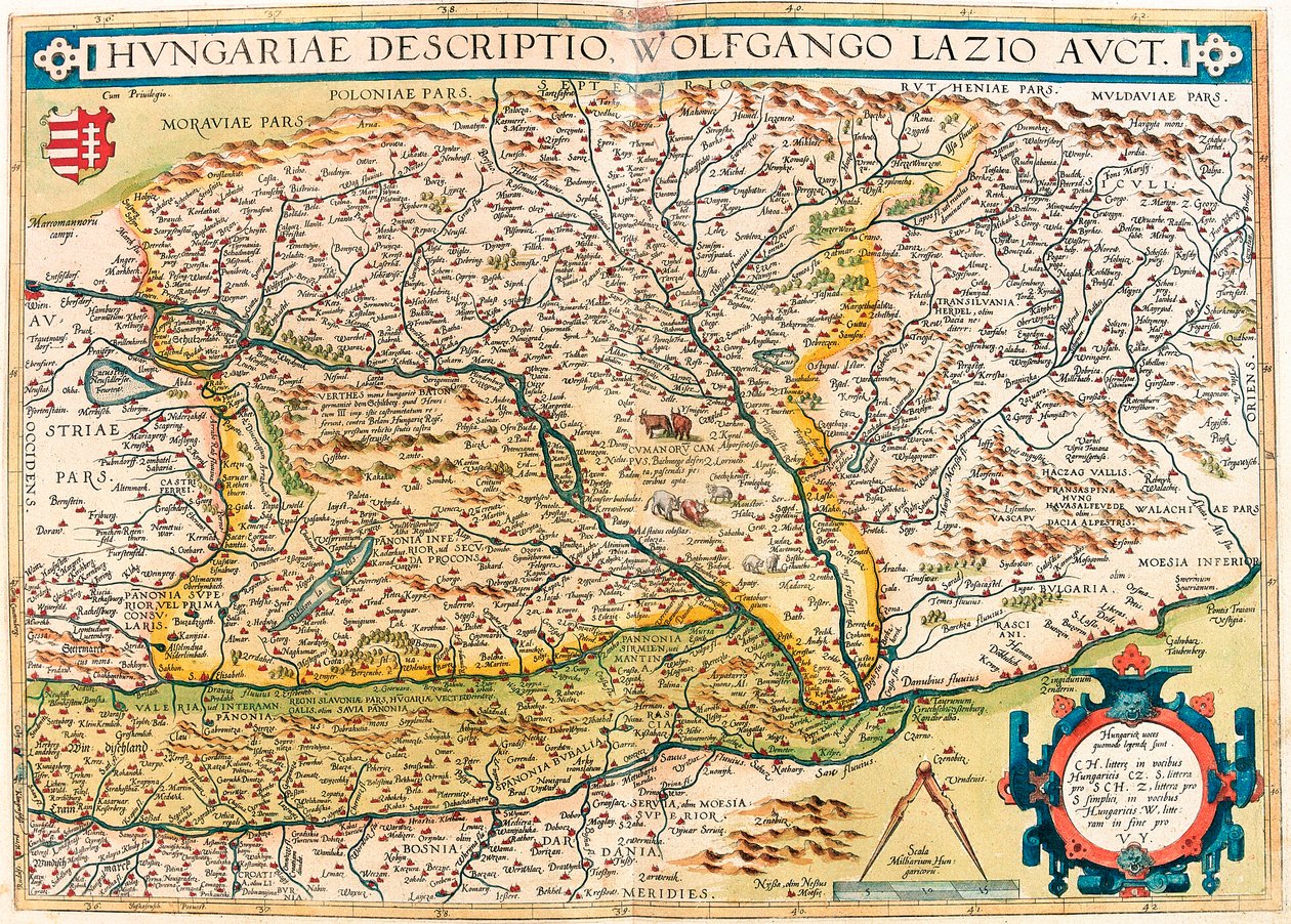 Descriptio húngaro, Wolfgango Lazio Auct. Mapa geográfico do território da Hungria do "Theatrum Orbis Terrarum" de Abraham Ortelius (Oertel, Ortell ou Ortel de Abraham Ortelius