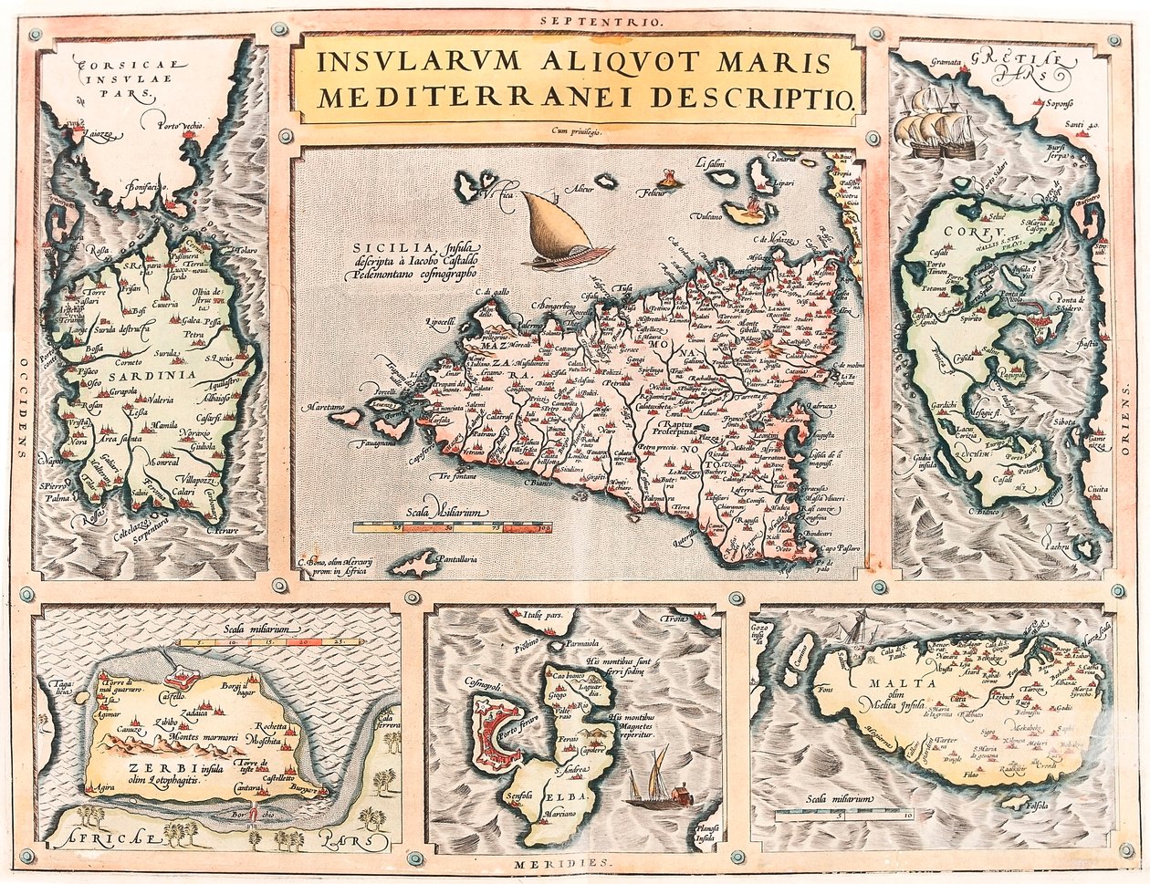 Insularum Aliquot Maris Mediterranei Descriptio. Mapa geográfico das ilhas mediterrâneas da Sicília, Sardenha, Corfu, Malta, Djerba e Elba (Sicília, Sardenha, Colfu, Malta Djerba, Elba) do "Theatrum Orbis Terrarum" de Abraham Ortelius (Oertel, Ortell de Abraham Ortelius
