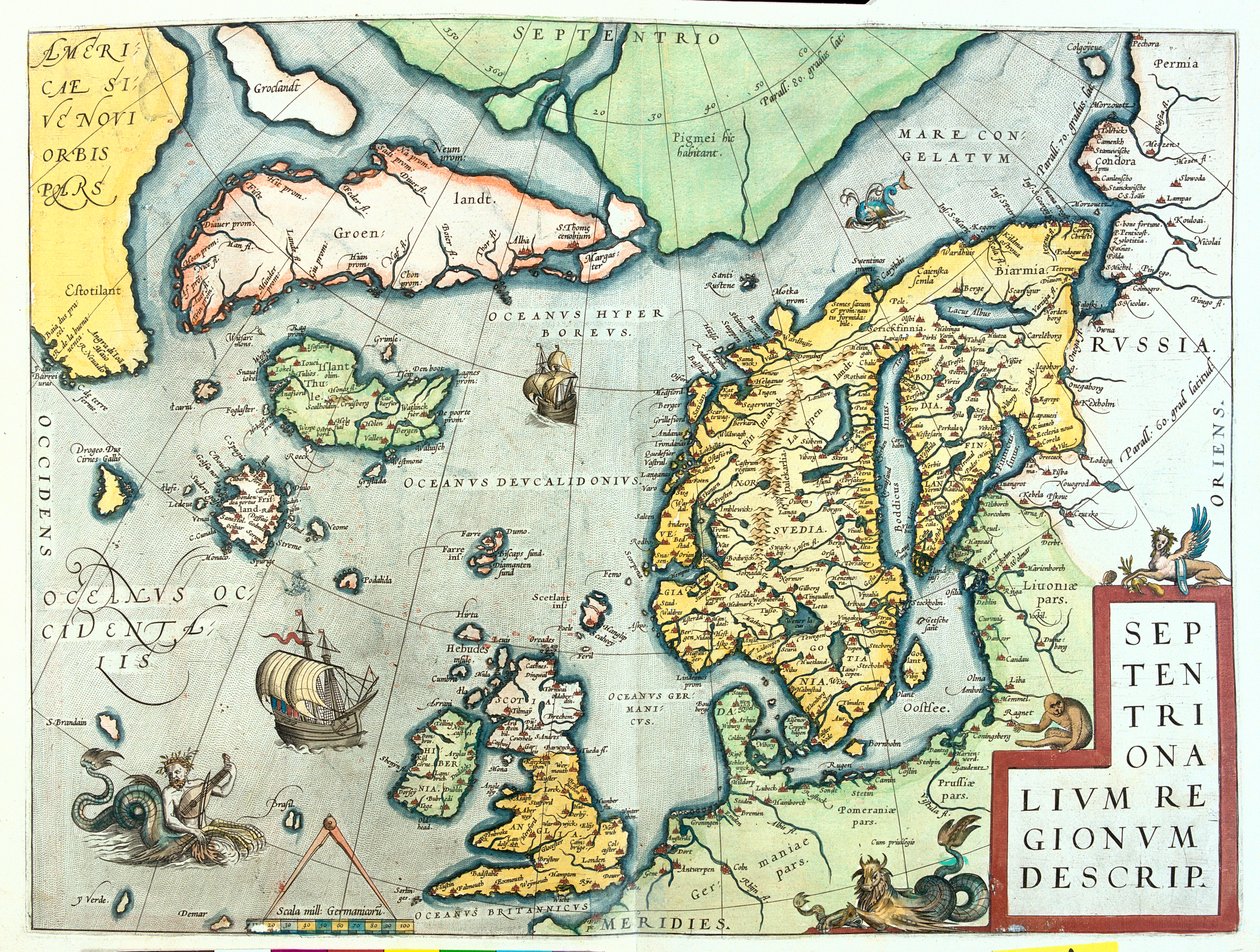 Irlanda, Grã-Bretanha, Islândia, Noruega, Suécia, Finlândia, Gronelândia de Abraham Ortelius