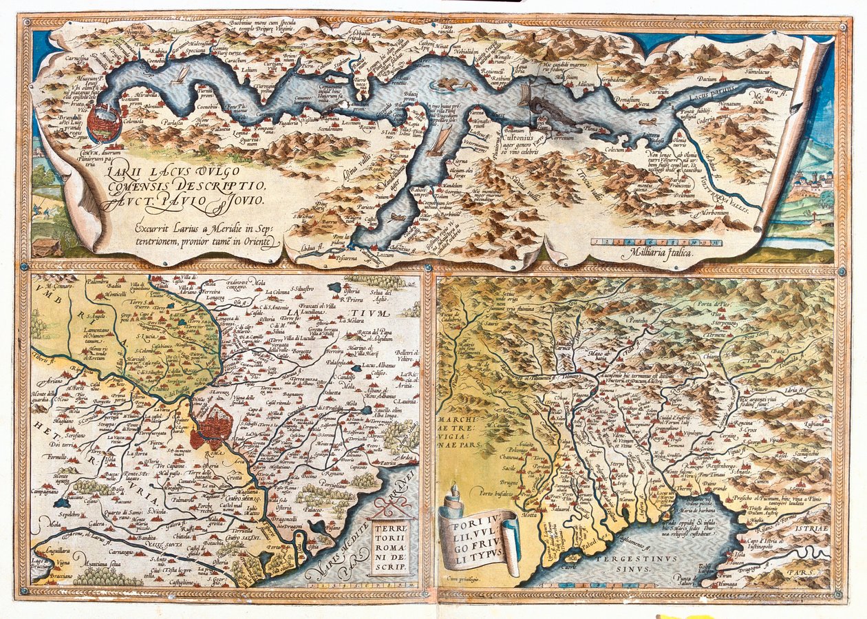Lago de Como (Itália; região: Lombardia), Roma (Itália; região: Lácio), Golfo de Trieste (Itália: região Friuli-Venezia Giulia; Eslovénia: região tradicional do litoral esloveno; Croácia: região de Ístria) de Abraham Ortelius
