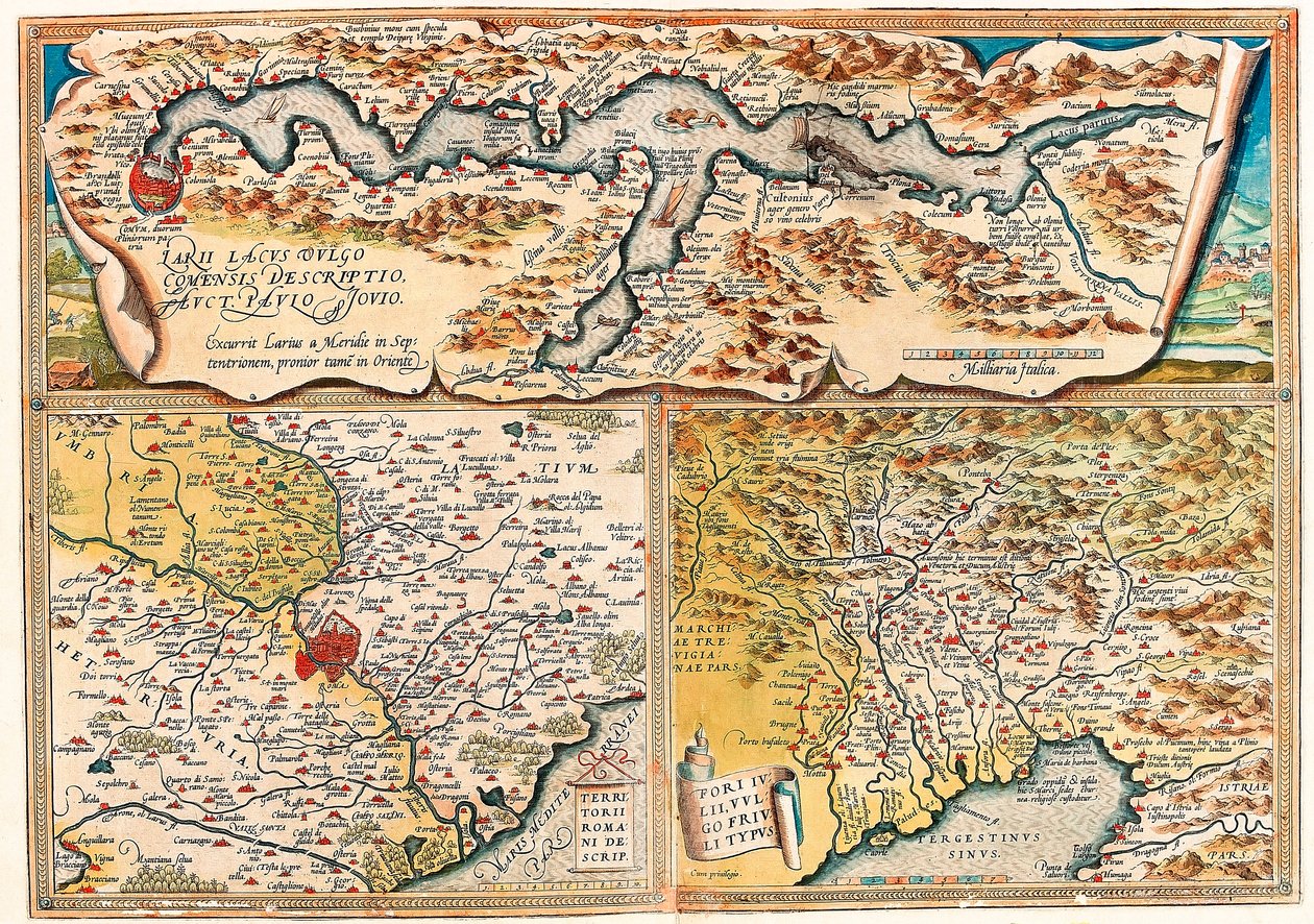 Larii Lacus Vulgo Tertorii Romani Fori Iulii. Mapa geográfico do norte da Itália do "Theatrum Orbis Terrarum" de Abraham Ortelius (Oertel, Ortell ou Ortel) de Abraham Ortelius