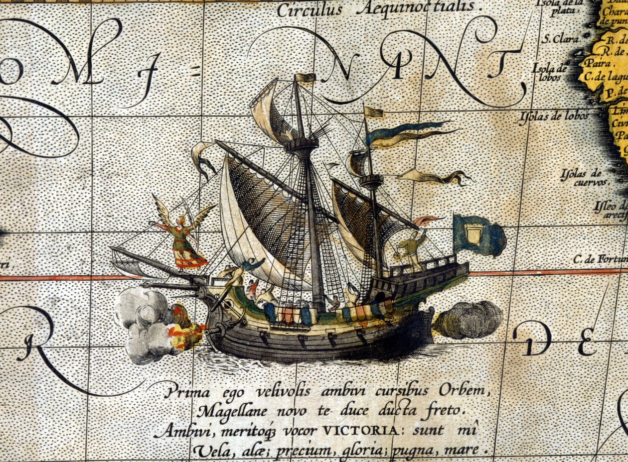 O barco "Victoria" de Magalhães que percorreu o Oceano Pacífico representado no atlas holandês de Abrahm Ortelius (1580). de Abraham Ortelius