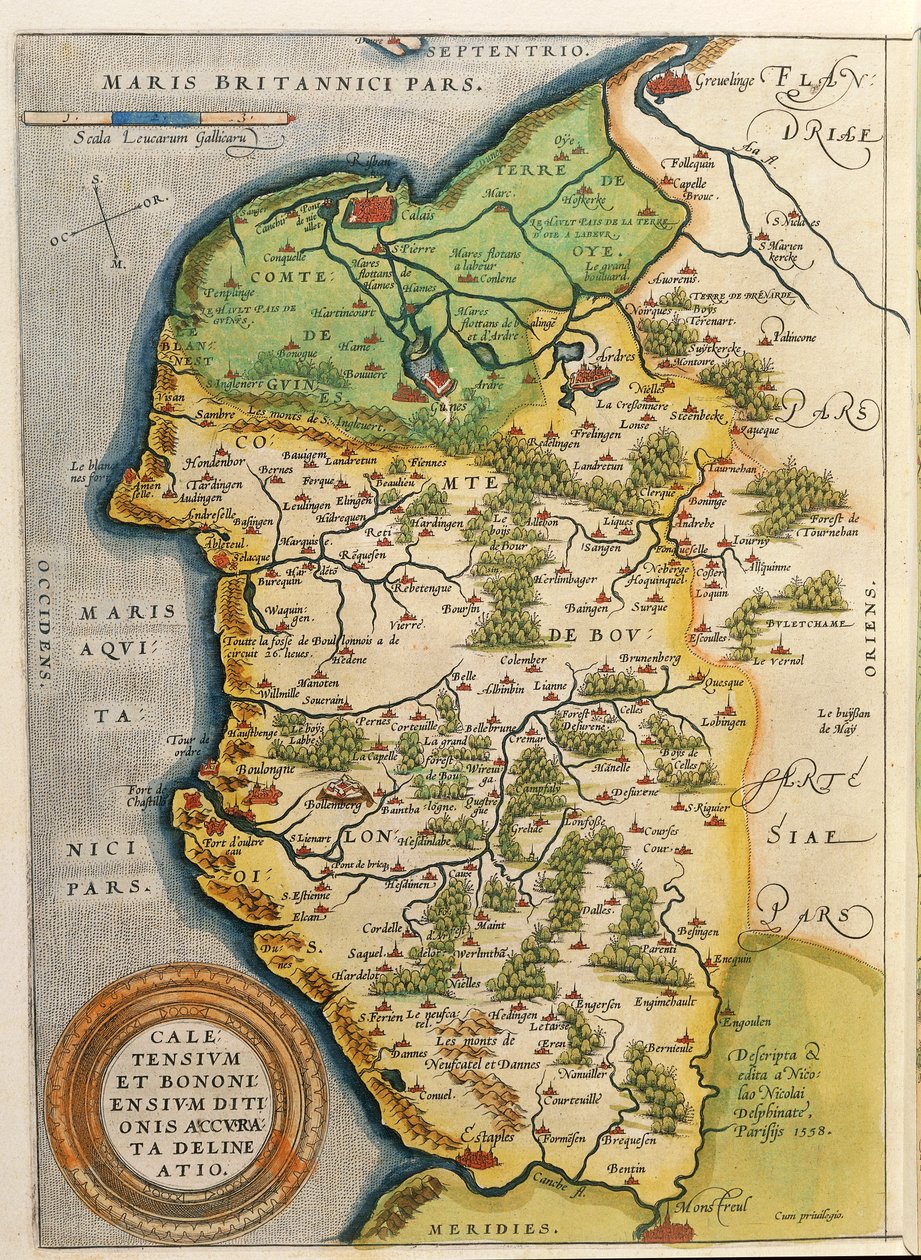 Mapa da zona de Calais, do Theatrum Orbis Terrarum, de Abraham Ortelius de Abraham Ortelius