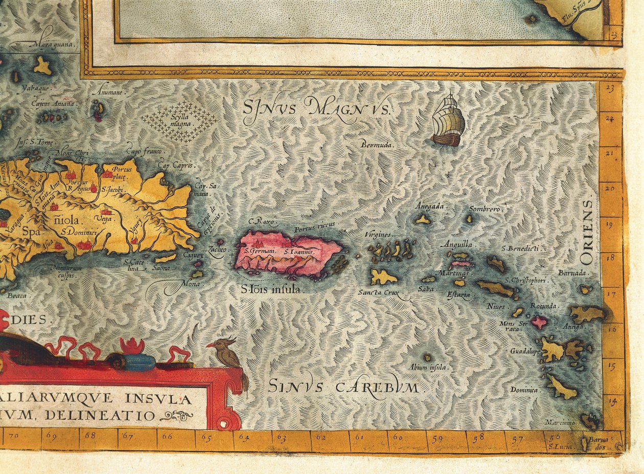 Mapa da Ilha de Hispaniola, Santo Domingo, Porto Rico e parte das Antilhas de Abraham Ortelius de Abraham Ortelius