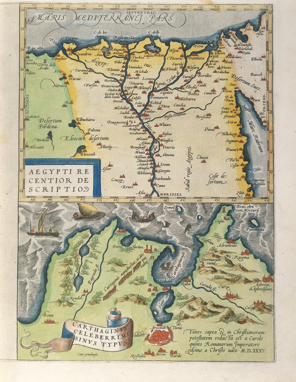 Mapa do Delta do Nilo e da antiga cidade de Cartago, do Theatrum Orbis Terrarum, de Abraham Ortelius de Abraham Ortelius