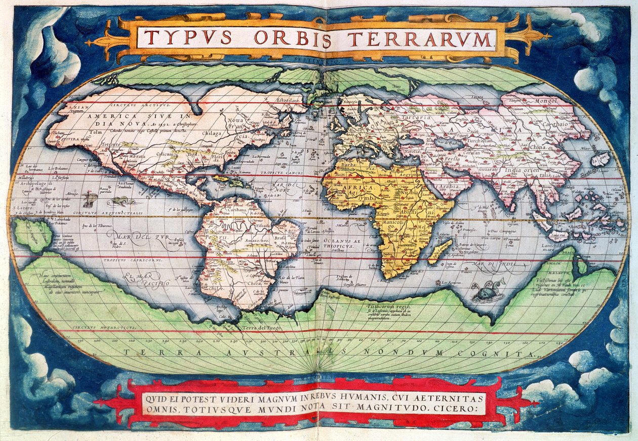 Mapa do mundo: "Typus Orbis Terrarum", do "Americasive New World" de Ortelius de Abraham Ortelius