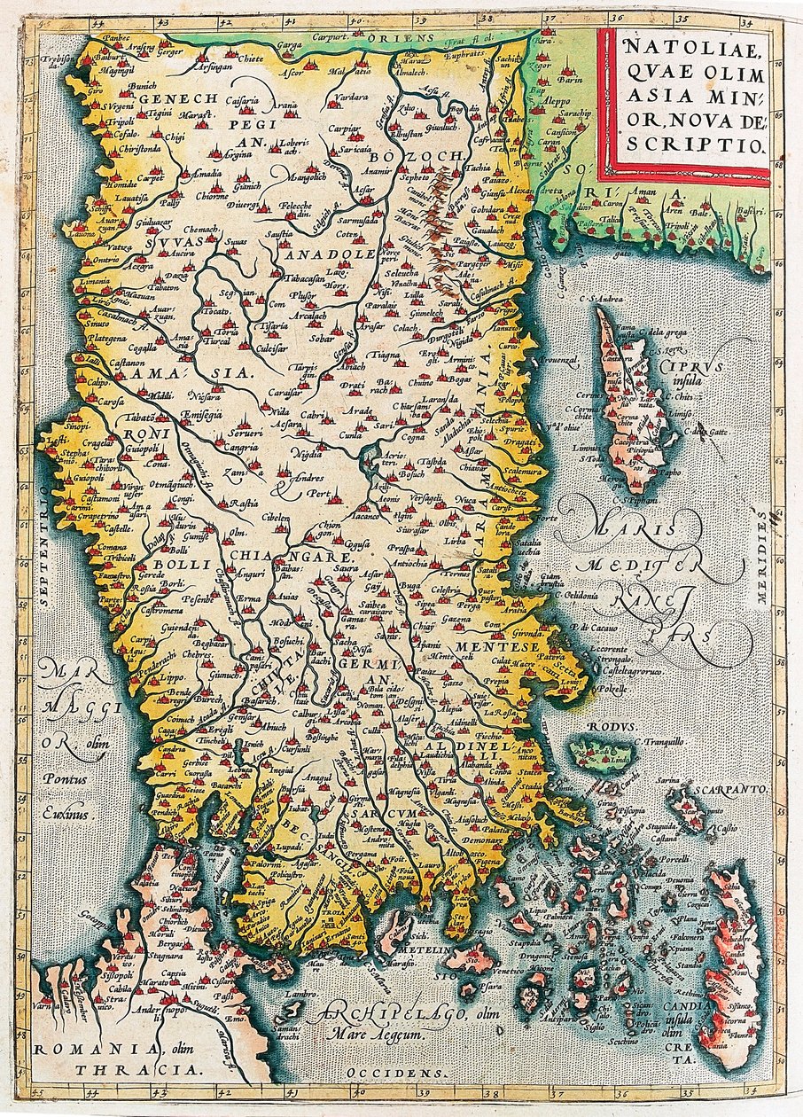 Natoliae, Quae Olim Asia Minor Nova Descriptio Mapa geográfico do território da Ásia Menor (Istambul e Turquia com as ilhas de Rodes e Chipre) do "Theatrum Orbis Terrarum" de Abraham Ortelius (Oertel, Ortell ou Ortel de Abraham Ortelius