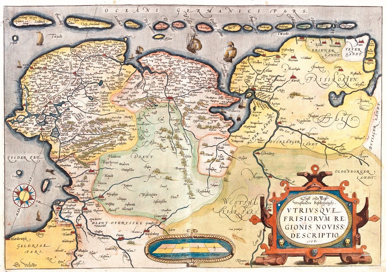 Países Baixos (Província: Overijssel, Flevoland, Drenthe, Friesland, Groningen), Alemanha (Estado: Baixa Saxónia, Renânia do Norte-Vestefália) de Abraham Ortelius