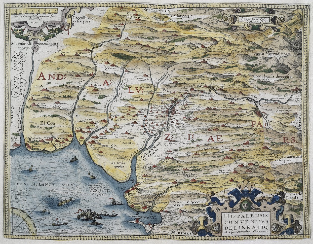 ORTELIUS, Abraham (1527-1598). Theatrum Orbis Terrarum. 1570. É considerado o primeiro atlas moderno. CHAVES, Jerónimo de (1523-1574). Matemático, astrónomo e navegador. Mapa da Andaluzia Ocidental. Baseado no mapa de Hieronimus Chiaves (Jerónimo d de Abraham Ortelius