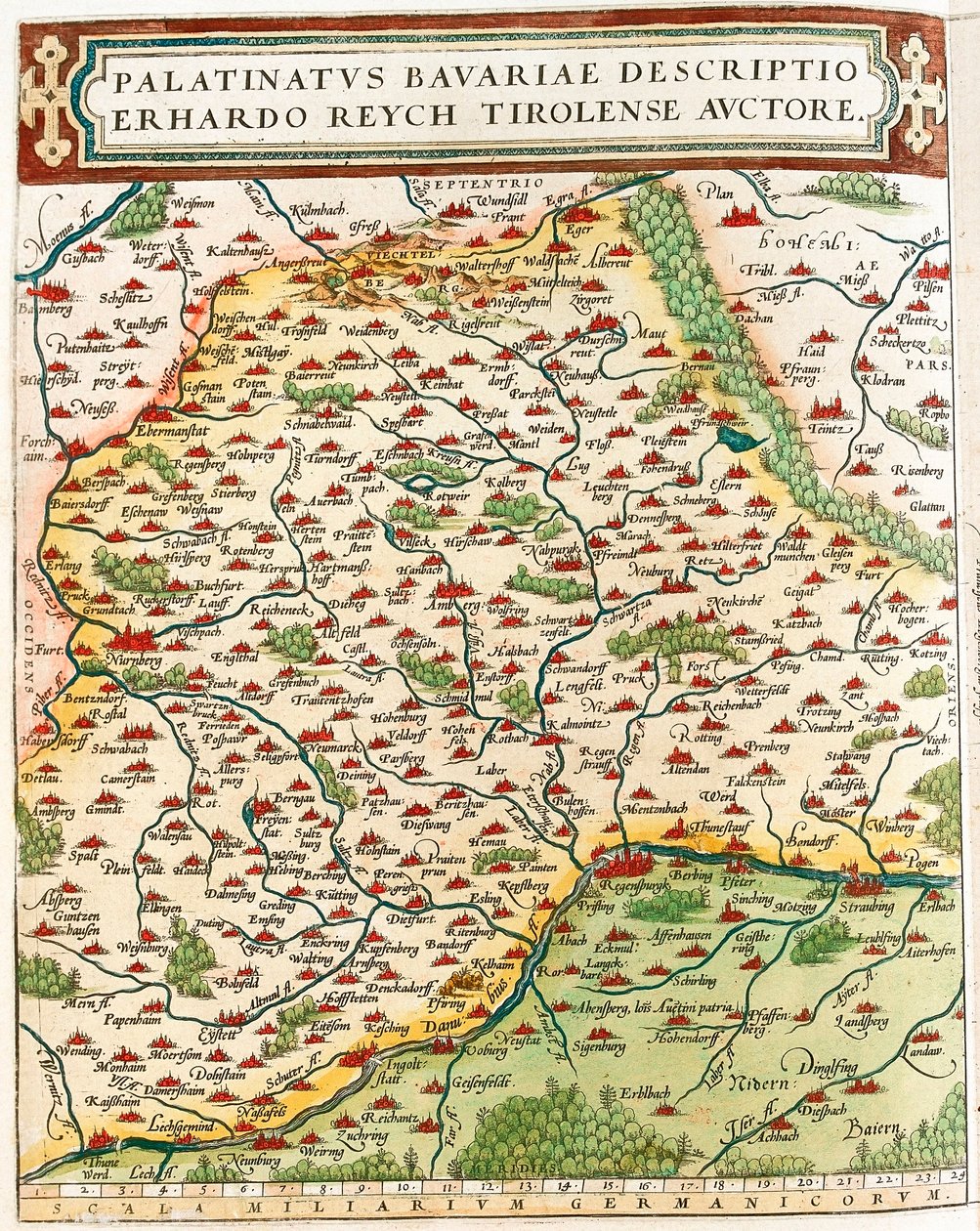 Palatinatus Bavariae descriptio Erhardo Reych Tirolense Auctore Mapa geográfico do território de Baviere na Alemanha do "Theatrum Orbis Terrarum" de Abraham Ortelius (Oertel, Ortell ou Ortel de Abraham Ortelius