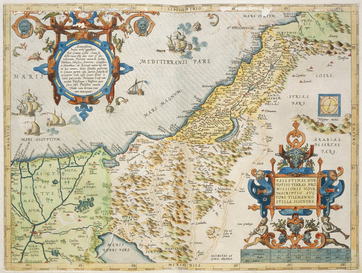 Palestina, por Abraham Ortelio, do Theatrum Orbis Terrarum, Antuérpia, placa de Abraham Ortelius