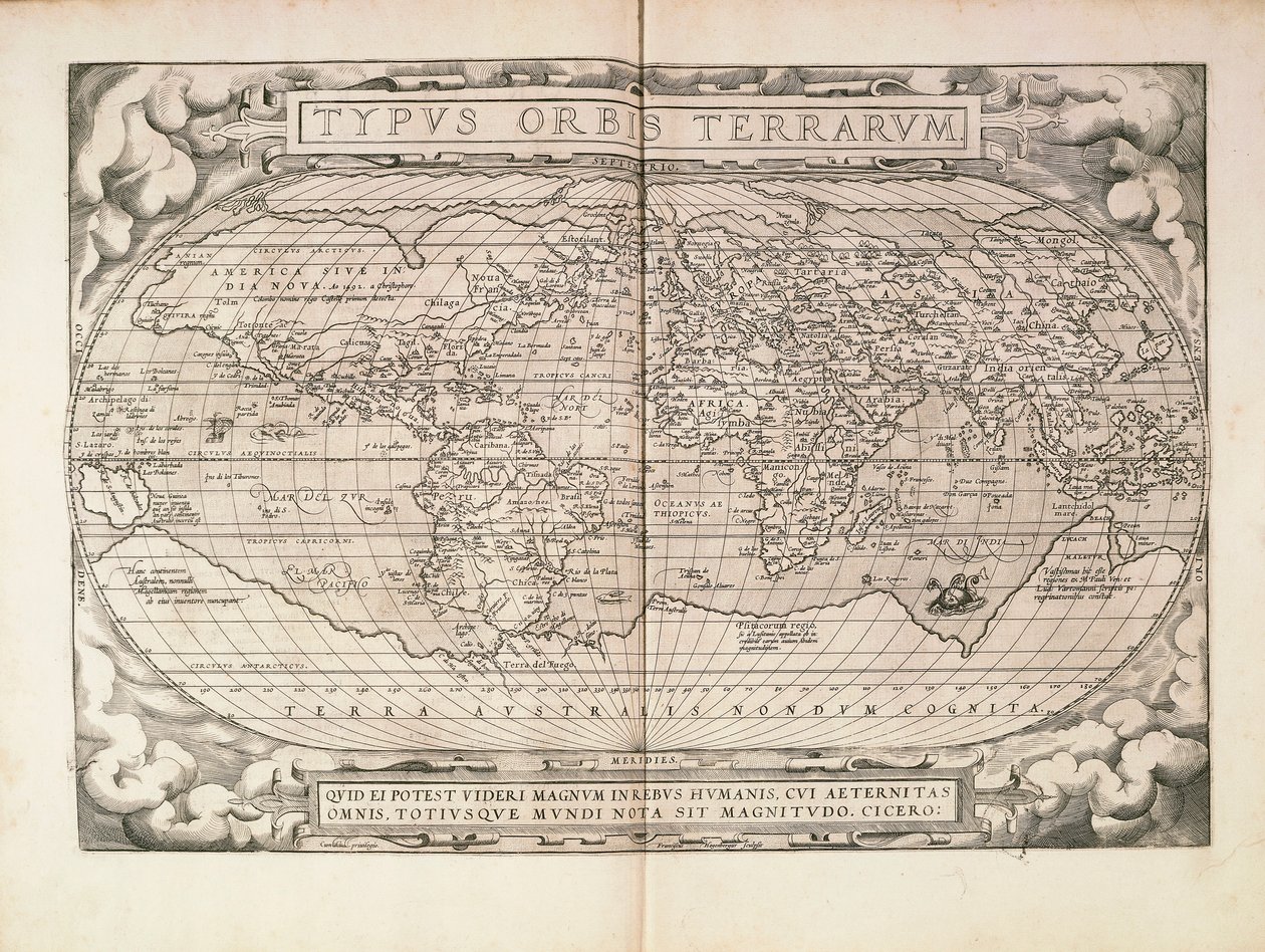 Planisfera do Theatrum Orbis Terrarum de Abraham Ortelius, impresso em Antuérpia de Abraham Ortelius