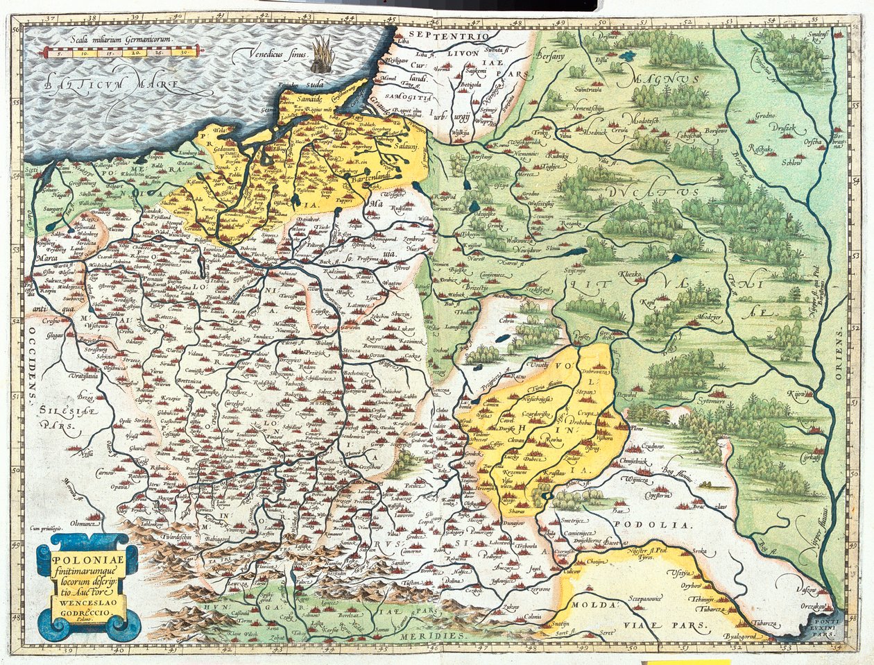 Polónia, Lituânia (circunscrições: Klaipèda, Tauragè, Kaunas, Vilnius, Utena, Marijampolè, Alytus), Bielorrússia (grande parte, exceto a região de Vitebsk, a norte), sudoeste da Rússia, oeste da Ucrânia, norte da Moldávia, Eslováquia (região: ilina, Preov) de Abraham Ortelius