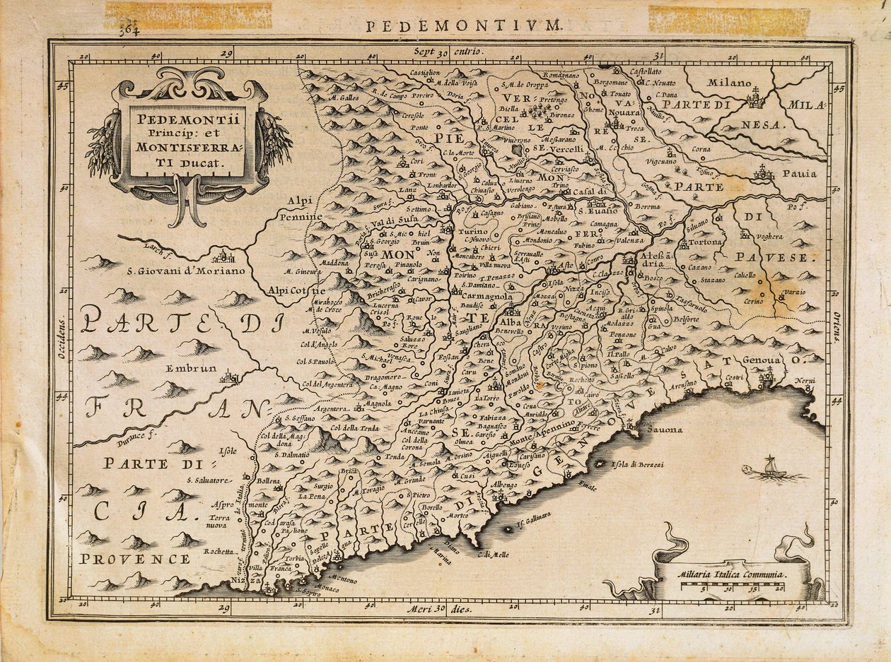 Principado do Piemonte, Ducado de Monferrato, Ligúria Ocidental e parte da Região da Ligúria Oriental, do Theatrum Orbis Terrarum de Abraham Ortelius de Abraham Ortelius