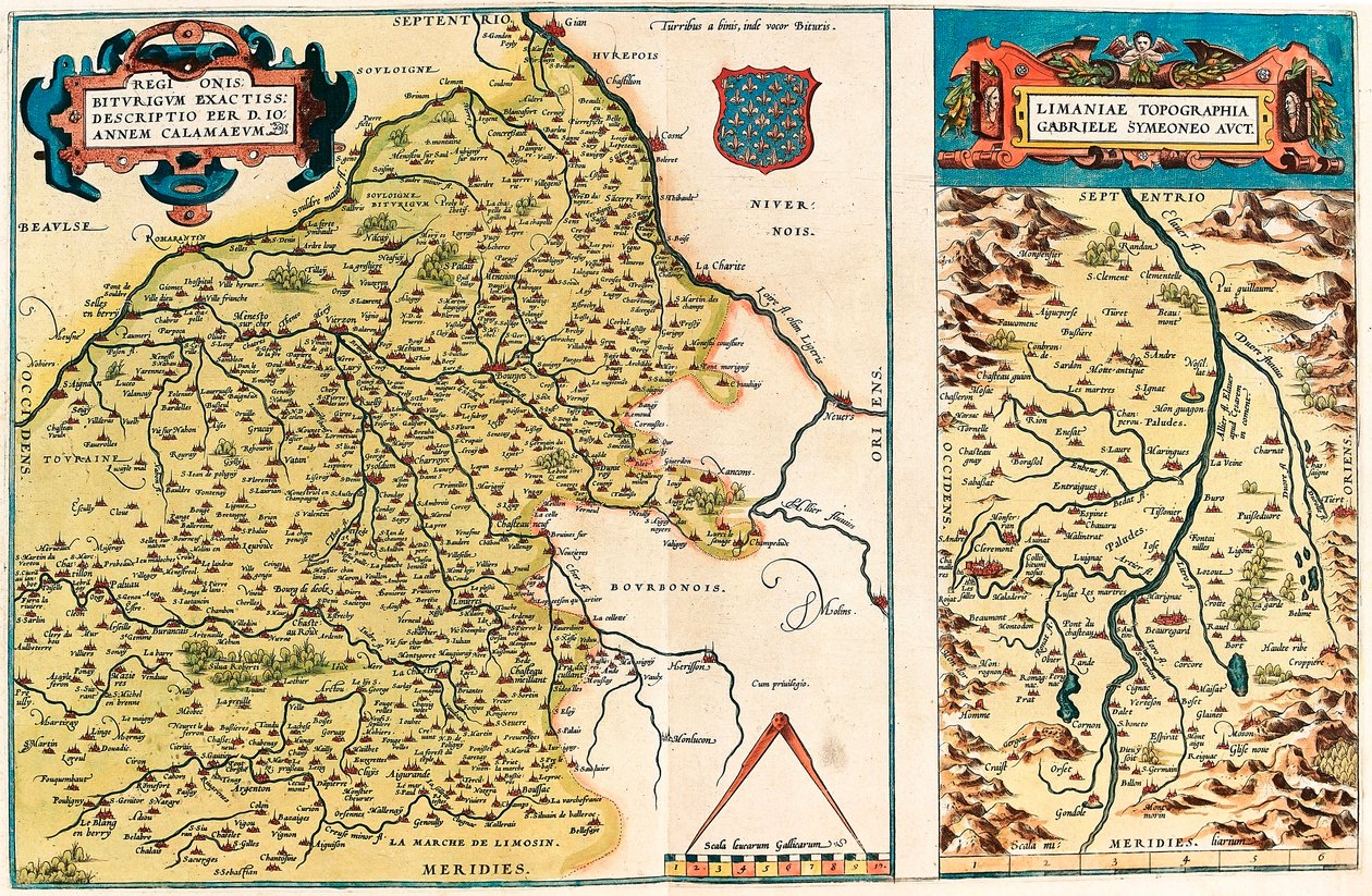 Regionis Biturigum accurss descriptio per D. Ioannem Calamaeum Mapa geográfico do território de Bourges e da região do centro da Gália (França) do "Theatrum Orbis Terrarum" de Abraham Ortelius (Oertel, Ortell ou Ortel) de Abraham Ortelius