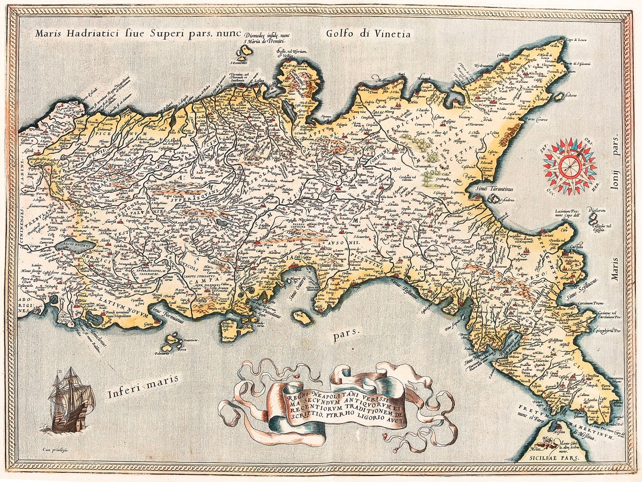 Regnii Neapolitani verissima secundum antiquorum et recentiorum traditionem descriptio, canal Pyrrho Ligorio. Mapa geográfico do território do Reino de Nápoles na Itália do "Theatrum Orbis Terrarum" de Abraham Ortelius (Oertel, Ortell ou Ortel de Abraham Ortelius