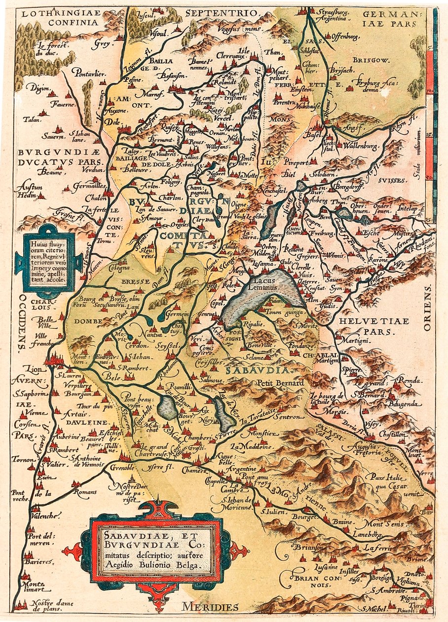 Sabaudia et Burgundiae Comitus descrição Mapa geográfico do território da Borgonha e Sabóia (Pontarlier, Dijon, Lac Leman e Suíça) de "Theatrum Orbis Terrarum" de Abraham Ortelius (Oertel, Ortell ou Ortel de Abraham Ortelius