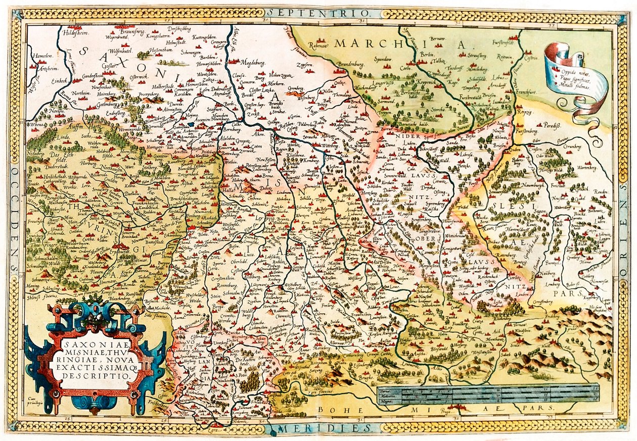 Saxoniae, Misniae, Turíngia, Nova Accurssimaque Descriptio Geography map of the territory of Saxonia, Turíngia na Alemanha do "Theatrum Orbis Terrarum" de Abraham Ortelius (Oertel, Ortell ou Ortel de Abraham Ortelius
