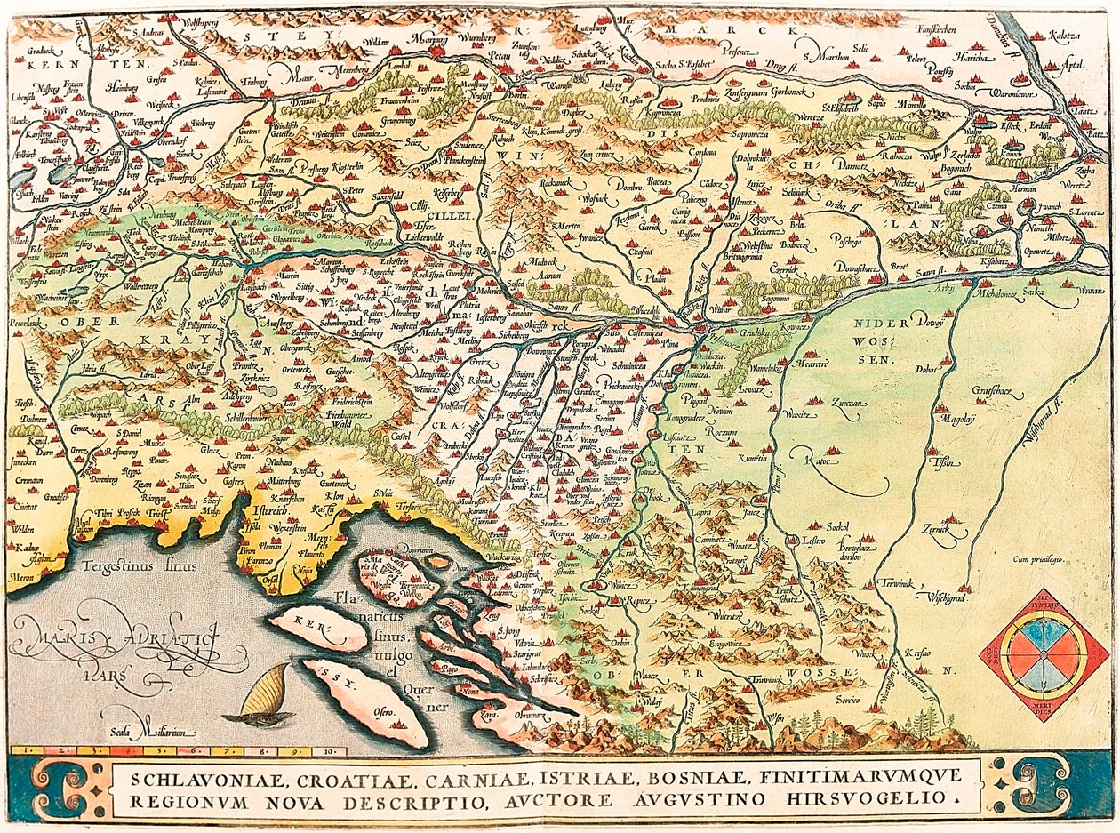Schlavoniae, Croatiae, Carniae, Istriae, Bosniae, Finitimarumque Regionum Nova Descriptio, Auctore Augustino Hirsuogelio Mapa geográfico dos territórios da Eslavónia, Croácia, Bósnia e Dalmácia do "Theatrum Orbis Terrarum" de Abraham Ortelius (Oertel, de Abraham Ortelius