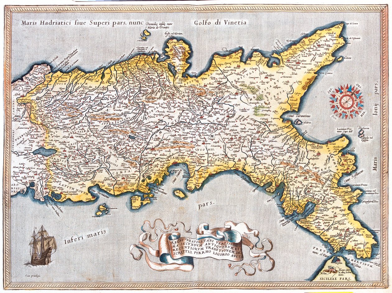 Sul do Lácio, sul de Marche, Abruzzo, Molise, Campasnia, Apúlia, Basilicata Calábria, Itália de Abraham Ortelius