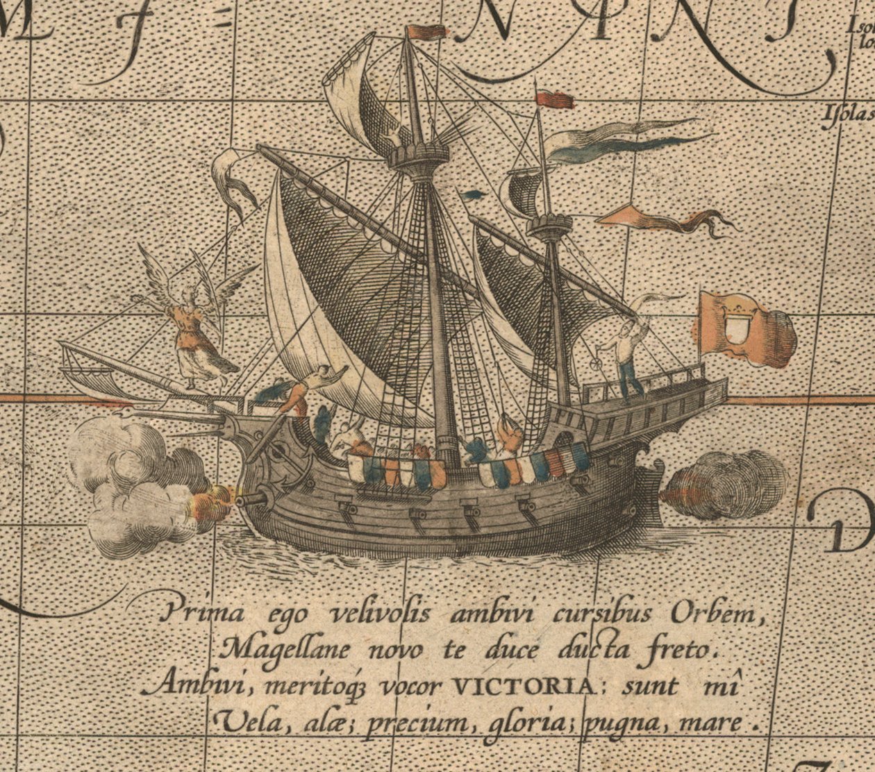 O Victoria, uma carraca espanhola, navio de Ferdinand Magellans Armada de Molucca. Aus Maris Pacific de Abraham Ortelius