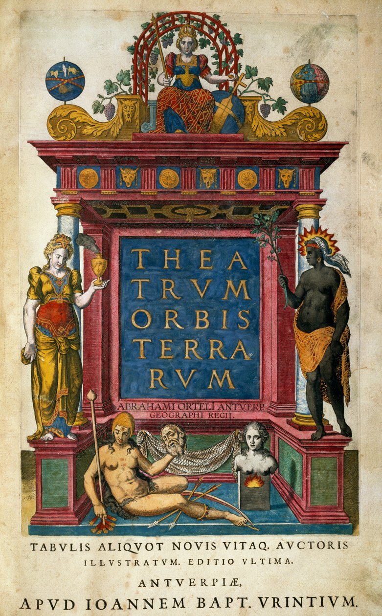Theatrum Orbis Terrarum, de Abraham Ortelius (1527-1598), página de rosto, Antuérpia de Abraham Ortelius