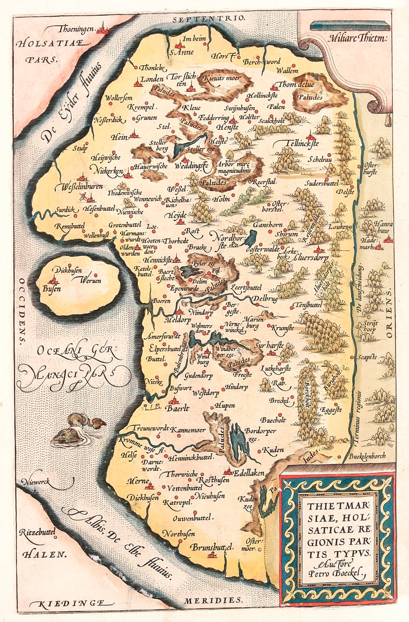 Thietmarsiae, Holsaticae regionis parties typus Mapa geográfico do norte da Alemanha com a cidade de Kuden retirado do "Theatrum Orbis Terrarum" de Abraham Ortelius (Oertel, Ortell ou Ortel de Abraham Ortelius