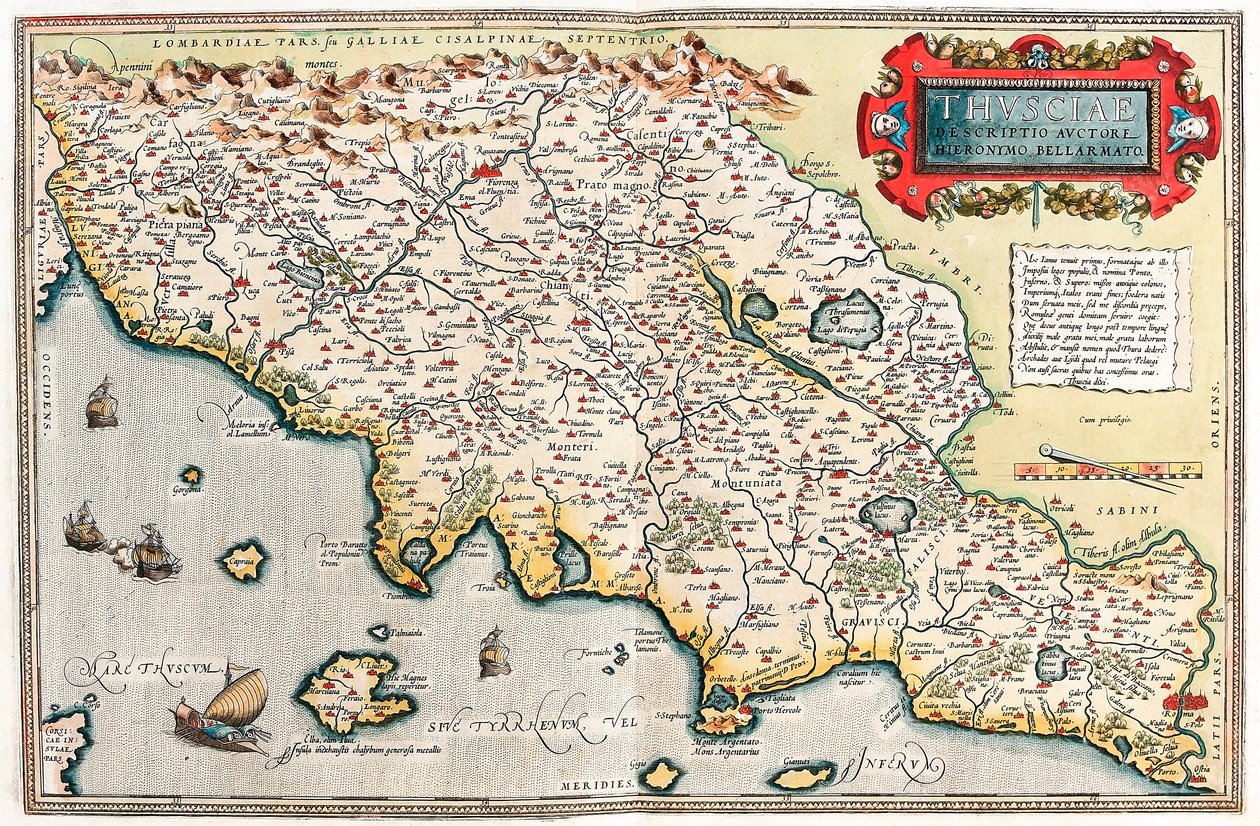 Sociae. Descriptio auctore Hieronymo Bellamarto Mapa geográfico do território da Toscana na Itália a partir do "Theatrum Orbis Terrarum" de Abraham Ortelius (Oertel, Ortell ou Ortel de Abraham Ortelius