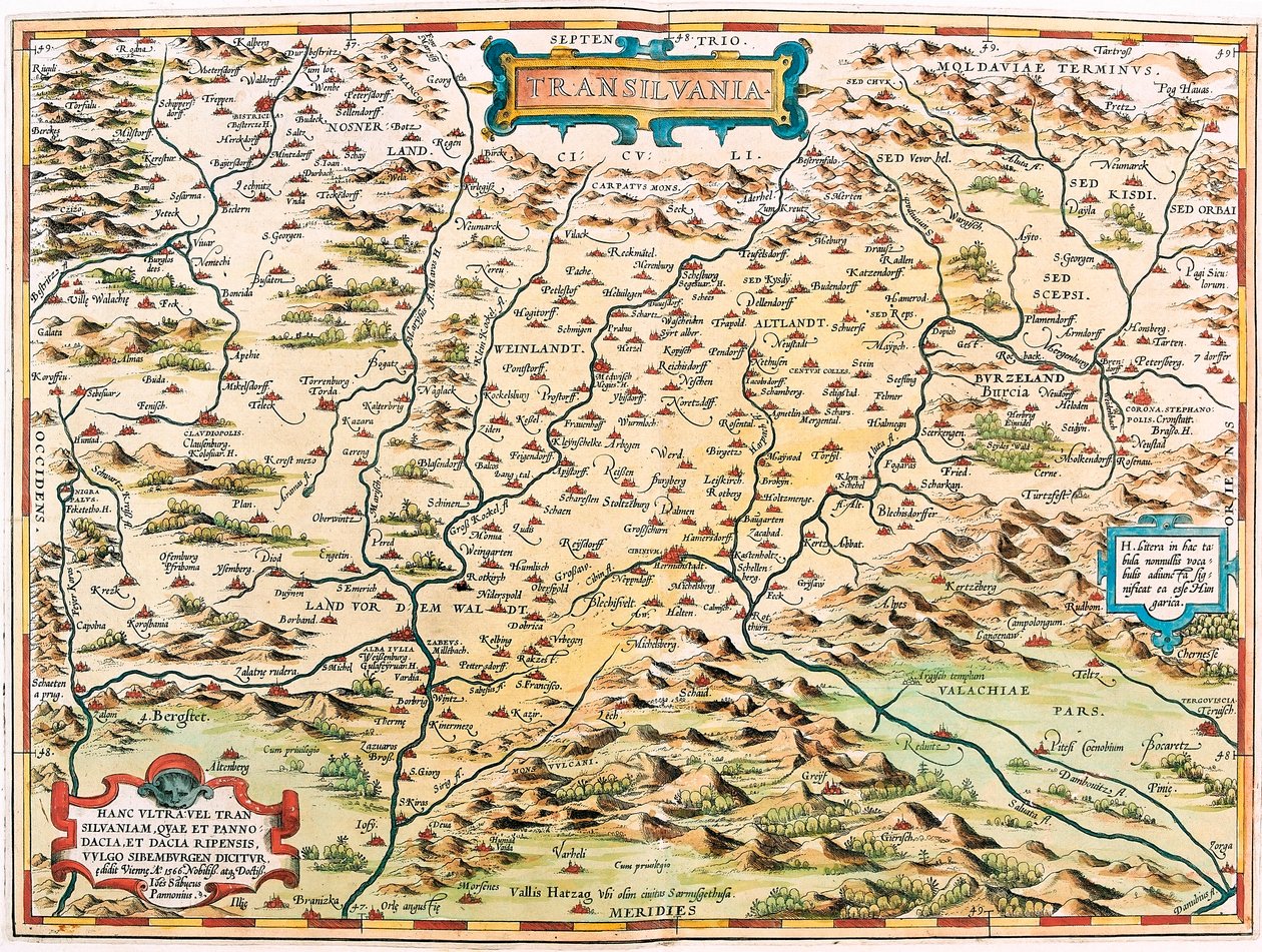 Mapa Geográfico da Transilvânia do território da Transilvânia (Transilvânia) do "Theatrum Orbis Terrarum" de Abraham Ortelius (Oertel, Ortell ou Ortel) de Abraham Ortelius