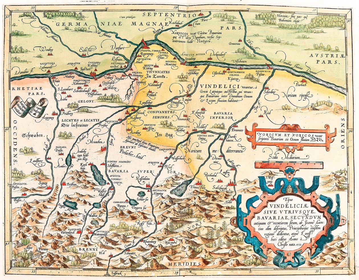 Typus Vindeliciae Ssive Utriusque Bavariae: Secundum antiquam & recentiorum situm, ab Joanne Aventino olim descriptus... Mapa geográfico do território de Baviere na Alemanha do "Theatrum Orbis Terrarum" de Abraham Ortelius (Oertel, Ortell ou Ortel) de Abraham Ortelius