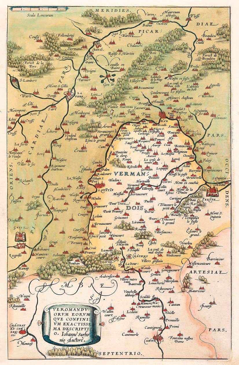 Veromanuorum Eorum que Confinium Accurssima Descrição Mapa geográfico do território de Vermandois e da Picardia na Gália (França) do "Theatrum Orbis Terrarum" de Abraham Ortelius (Oertel, Ortell ou Ortel) de Abraham Ortelius
