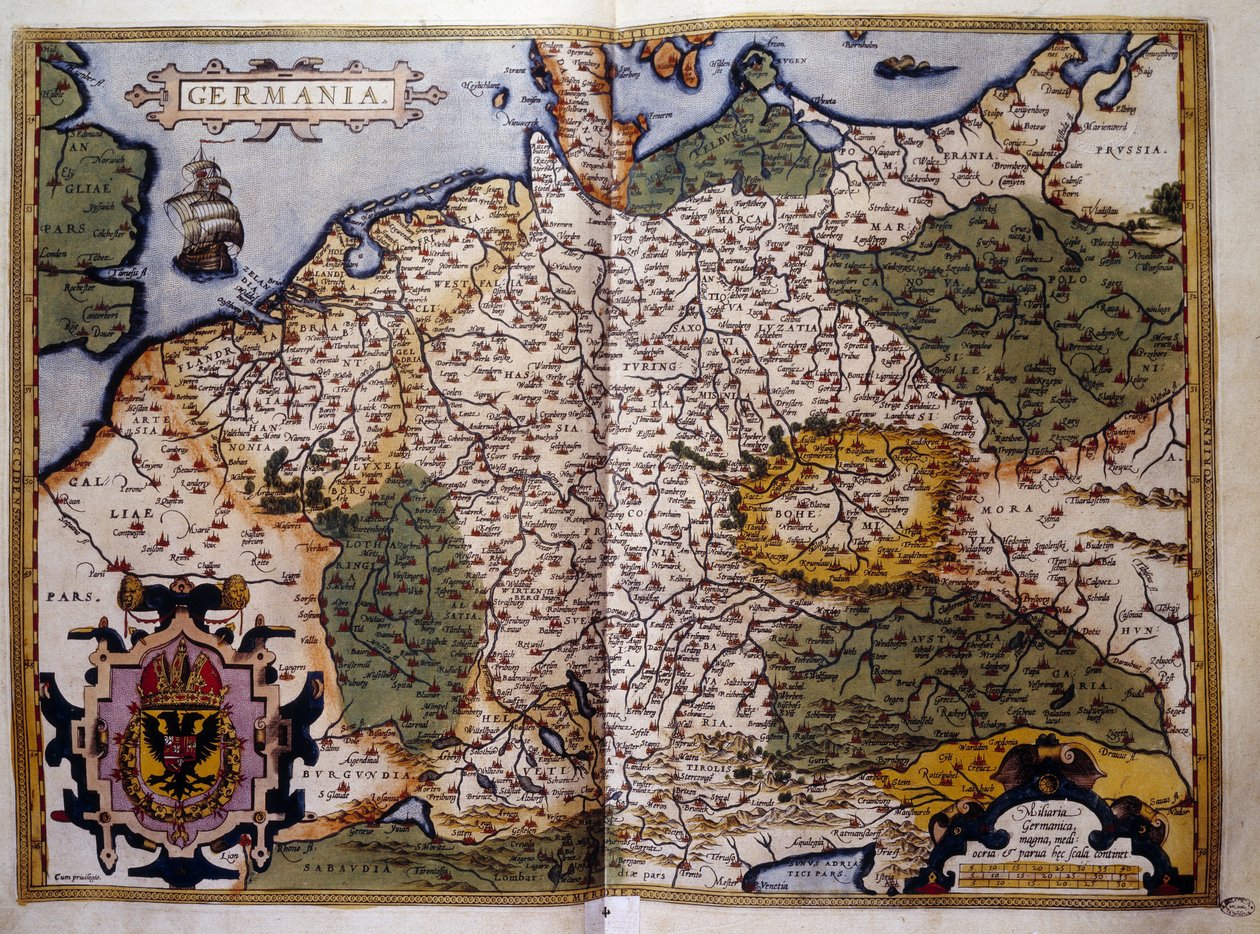 Vista da Prússia. Placa de uma edição do "Theatrum Orbis Terrarum" do cartógrafo Abraham Ortelius (1527-1598) de Abraham Ortelius