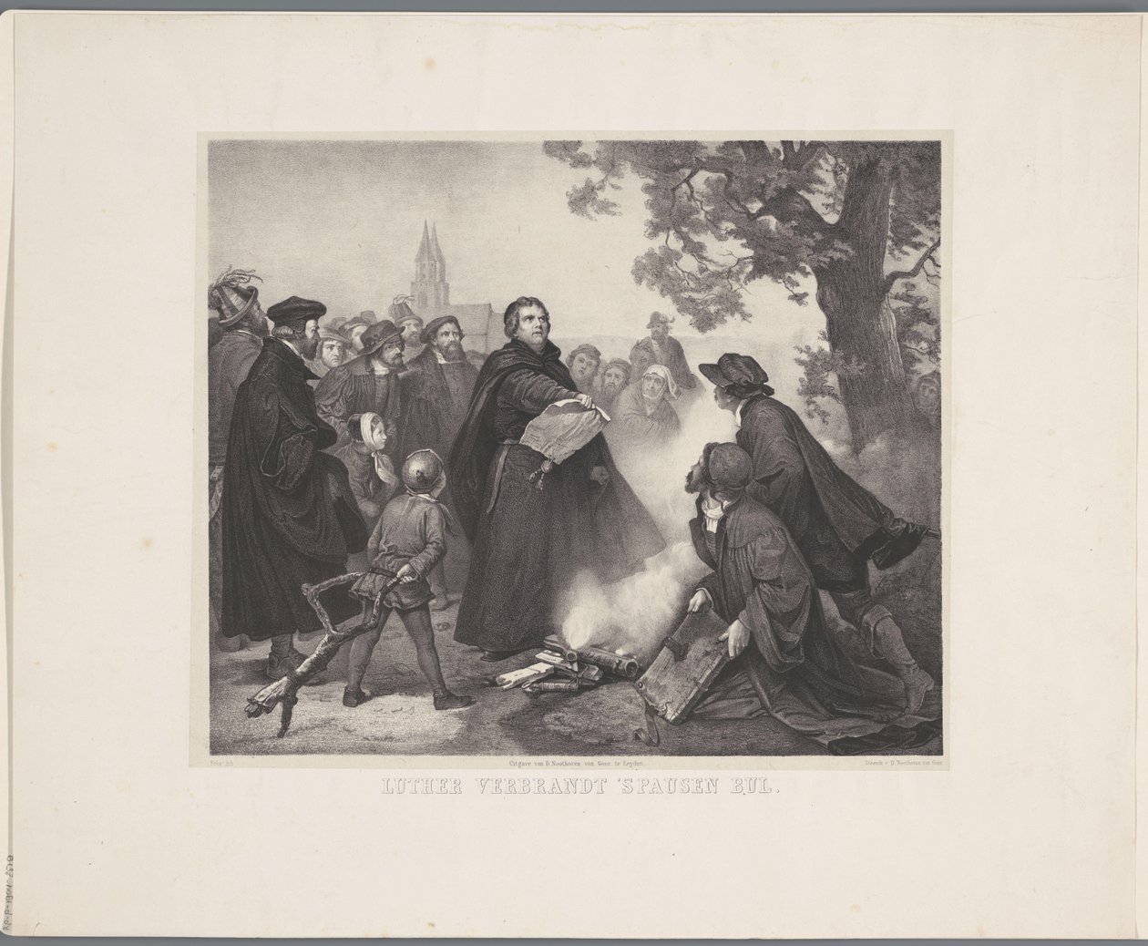 Lutero queima o touro
Lutero queima a bula papal (título sobre o objecto) de Abraham Pieter Felix