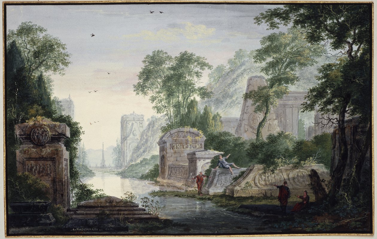 Antigas ruínas sepulcrais numa paisagem fluvial de Abraham Rademaker