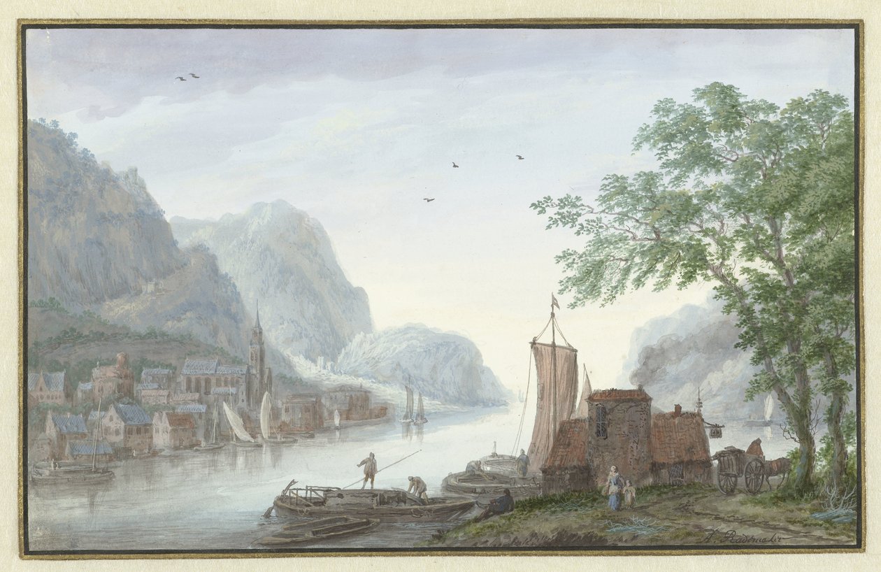 Paisagem montanhosa com vista para uma aldeia num rio de Abraham Rademaker