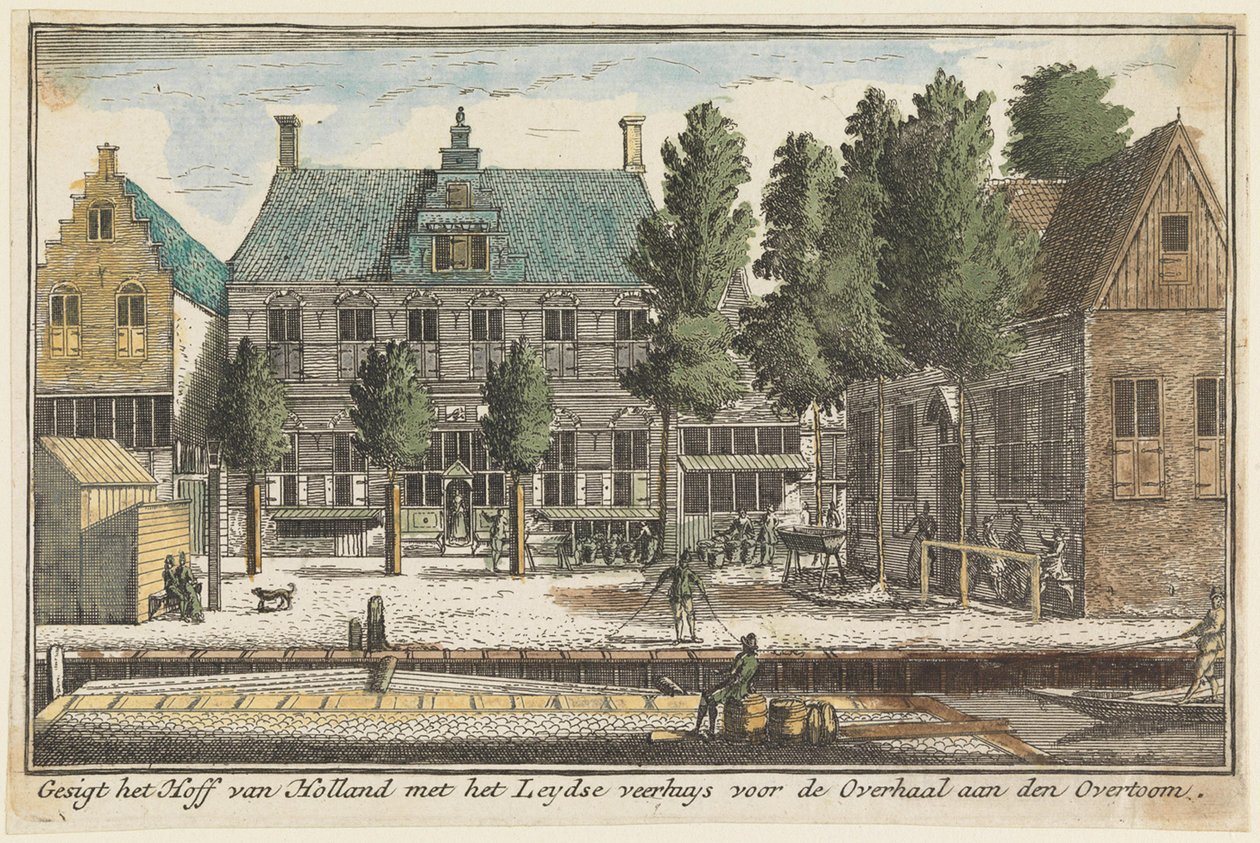 Vista da Corte da Holanda com a casa do ferry de Leiden antes da travessia no Overtoom de Abraham Rademaker